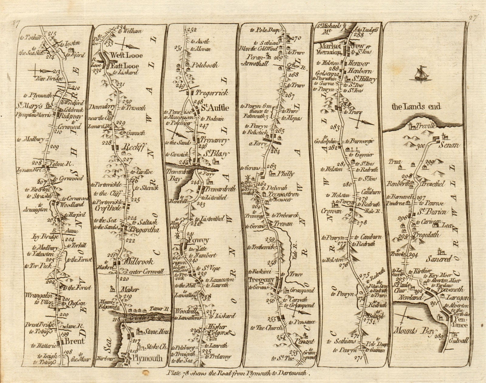 Plymouth Looe Fowey St Austell Penzance Land's End. KITCHIN road map 1767